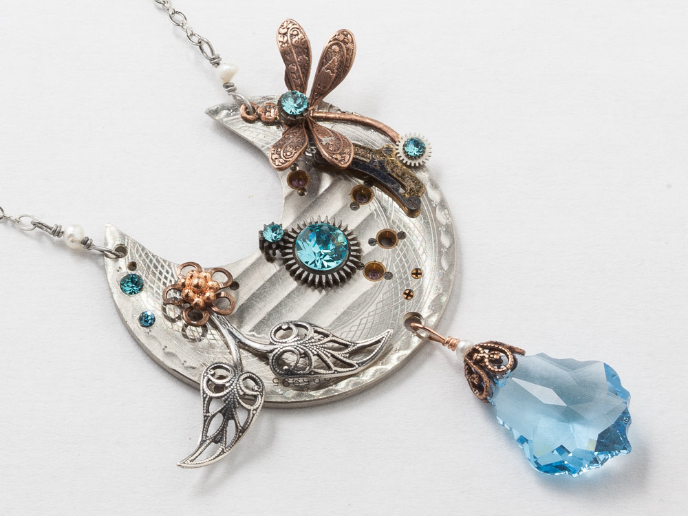 Steampunk Necklace Pocket Watch Plate with Gears Pearls Blue Crystal Rose Gold Flower and Dragonfly Silver Leaf