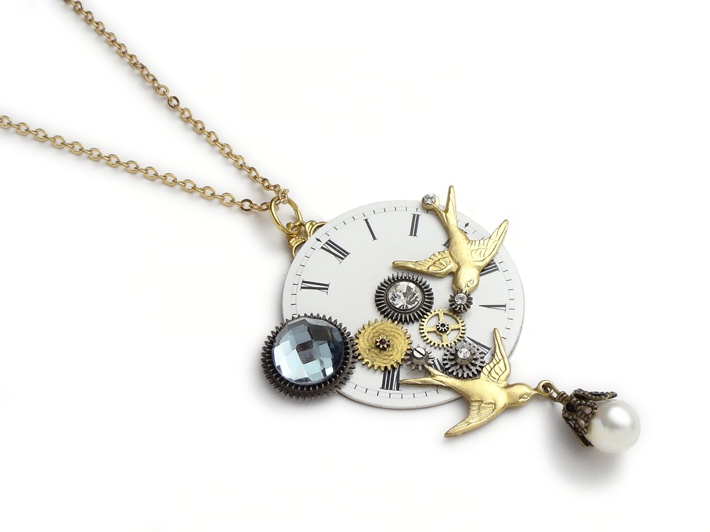 Steampunk necklace porcelain pocket watch dial gears antique 1900 silver and gold wheels cogs genuine pearl brass swallow bird Swarovski crystal filigree pendant