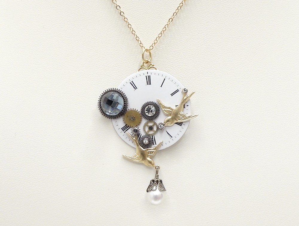 Steampunk necklace porcelain pocket watch dial gears antique 1900 silver and gold wheels cogs genuine pearl brass swallow bird Swarovski crystal filigree pendant