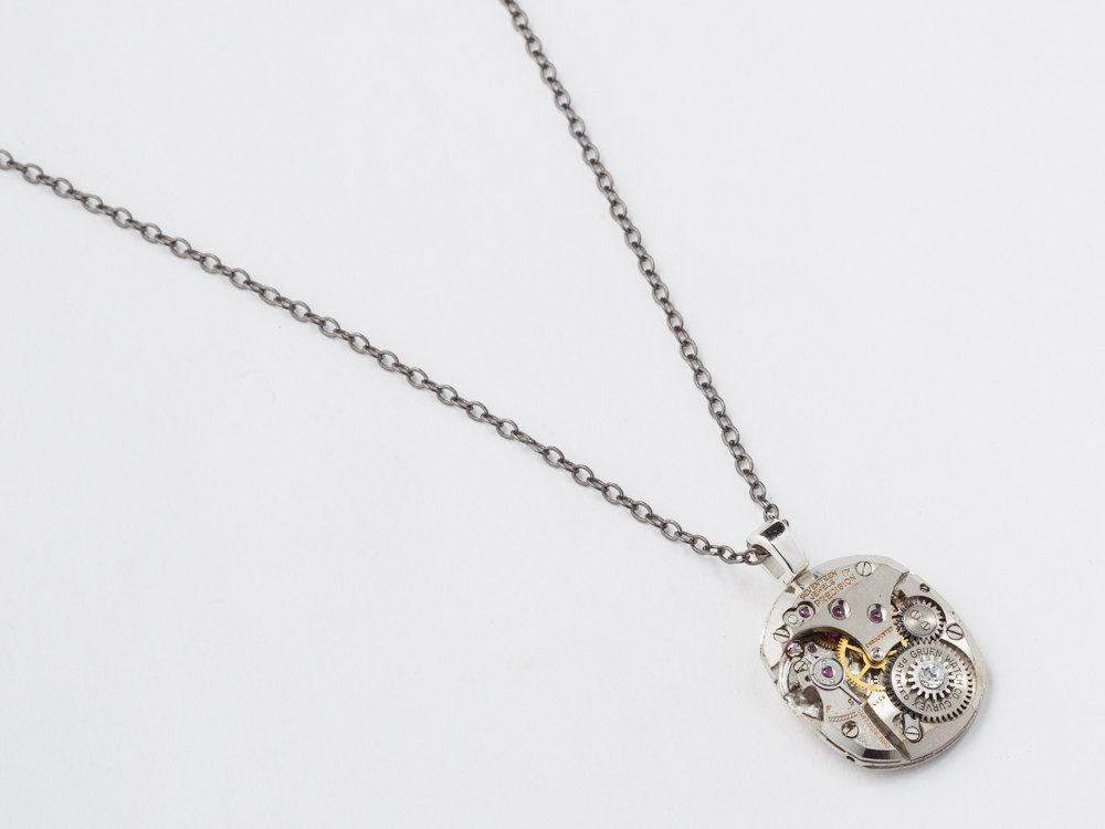 Steampunk Necklace rare Gruen Curvex watch movement gears silver tank style crystal pendant unisex jewelry