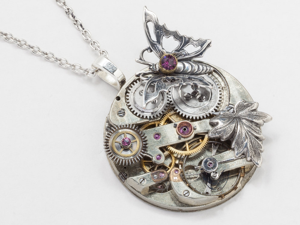 Steampunk Necklace Rare pocket watch movement silver butterfly leaf filigree amethyst purple crystal pendant necklace jewelry