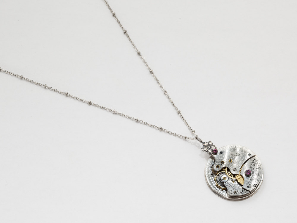 Steampunk Necklace Rare Waltham pocket watch movement with purple Amethyst Swarovski crystal silver flower pendant jewelry