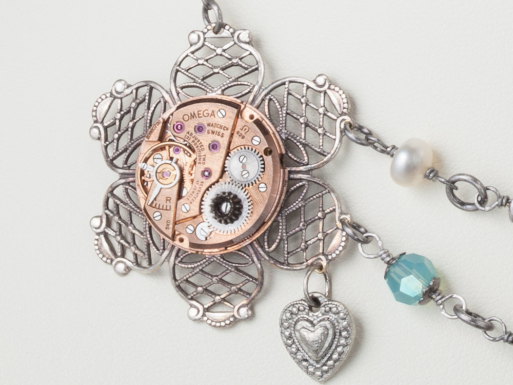 Steampunk Necklace rose gold Omega watch movement silver filigree flower leaf dragonfly pearl blue opal crystal