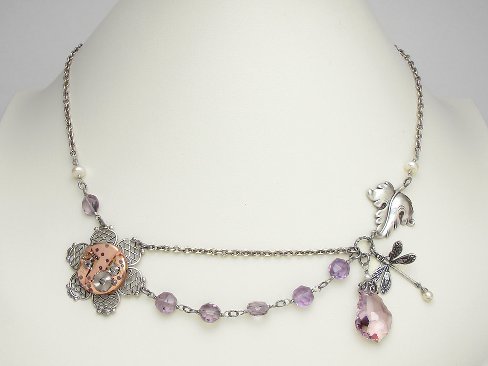 Steampunk necklace rose gold watch antique Amethyst Pearls dragonfly silver flower leaf purple Swarovski crystal