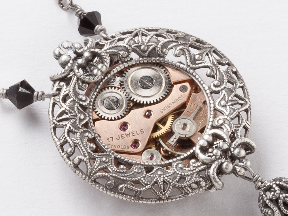Steampunk Necklace rose gold watch movement gears black crystal silver flower leaf filigree Industrial jewelry
