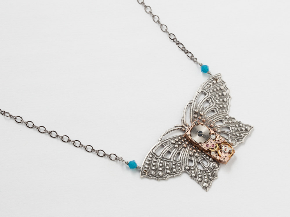 Steampunk Necklace rose gold watch movement gears silver filigree butterfly blue opal crystal