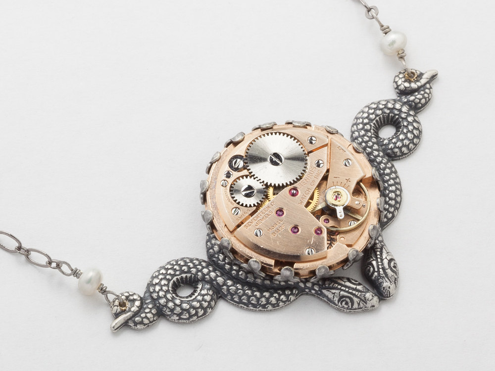 Steampunk Necklace rose gold watch movement silver filigree Victorian Cleopatra snake pendant pearl Statement Steampunk Jewelry