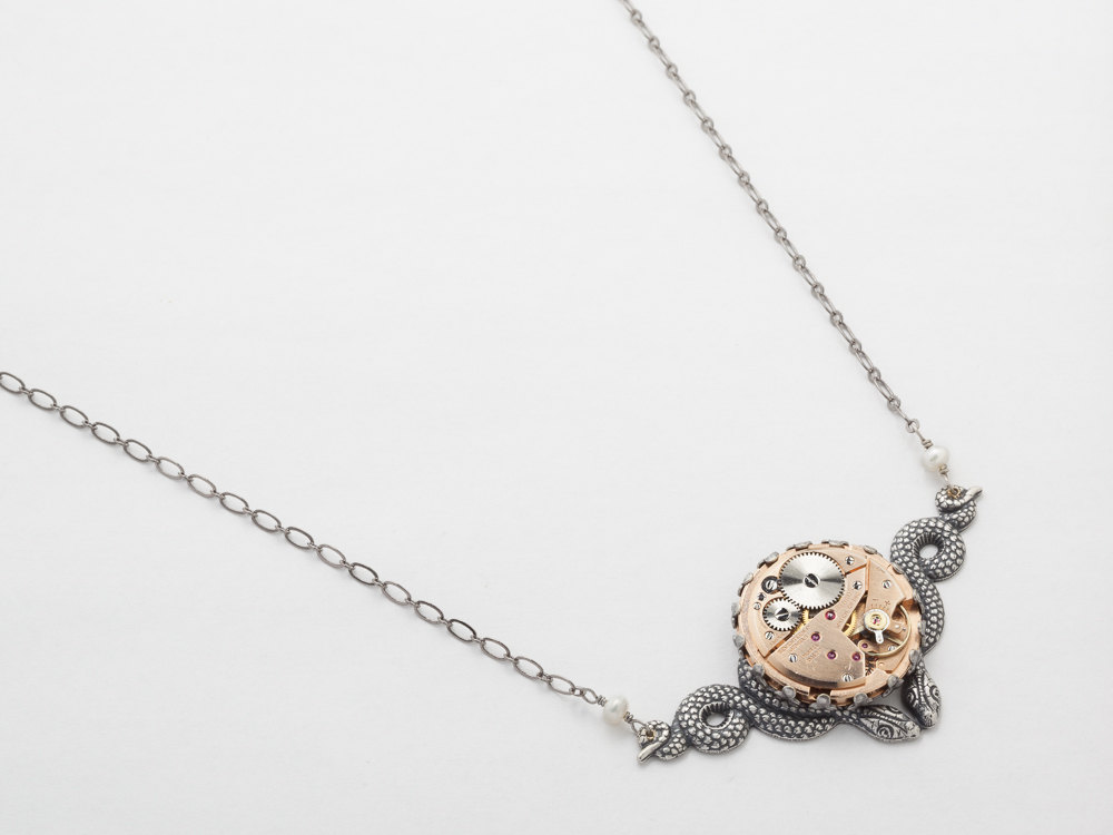Steampunk Necklace rose gold watch movement silver filigree Victorian Cleopatra snake pendant pearl Statement Steampunk Jewelry