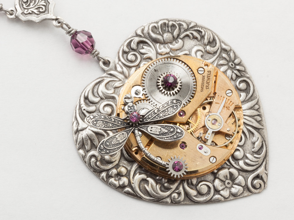 Steampunk Necklace rose gold watch movement silver heart pendant necklace with dragonfly leaf flower Amethyst purple crystal