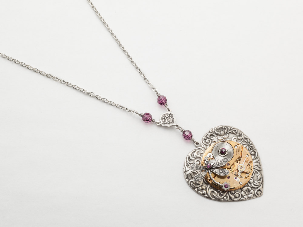 Steampunk Necklace rose gold watch movement silver heart pendant necklace with dragonfly leaf flower Amethyst purple crystal