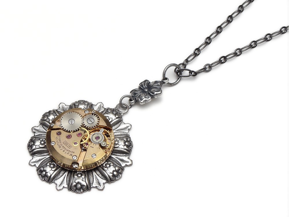 Steampunk Necklace rose gold wristwatch movement gears antique circa 1940 17 ruby jewel silver flower with floral motif vintage pendant