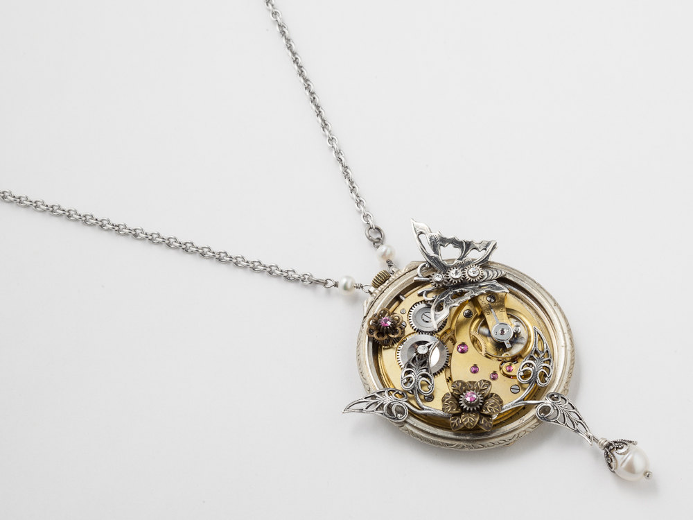 Steampunk Necklace Running watch movement gears 14k Gold Filled Victorian silver filigree flower leaf butterfly pearl purple crystal