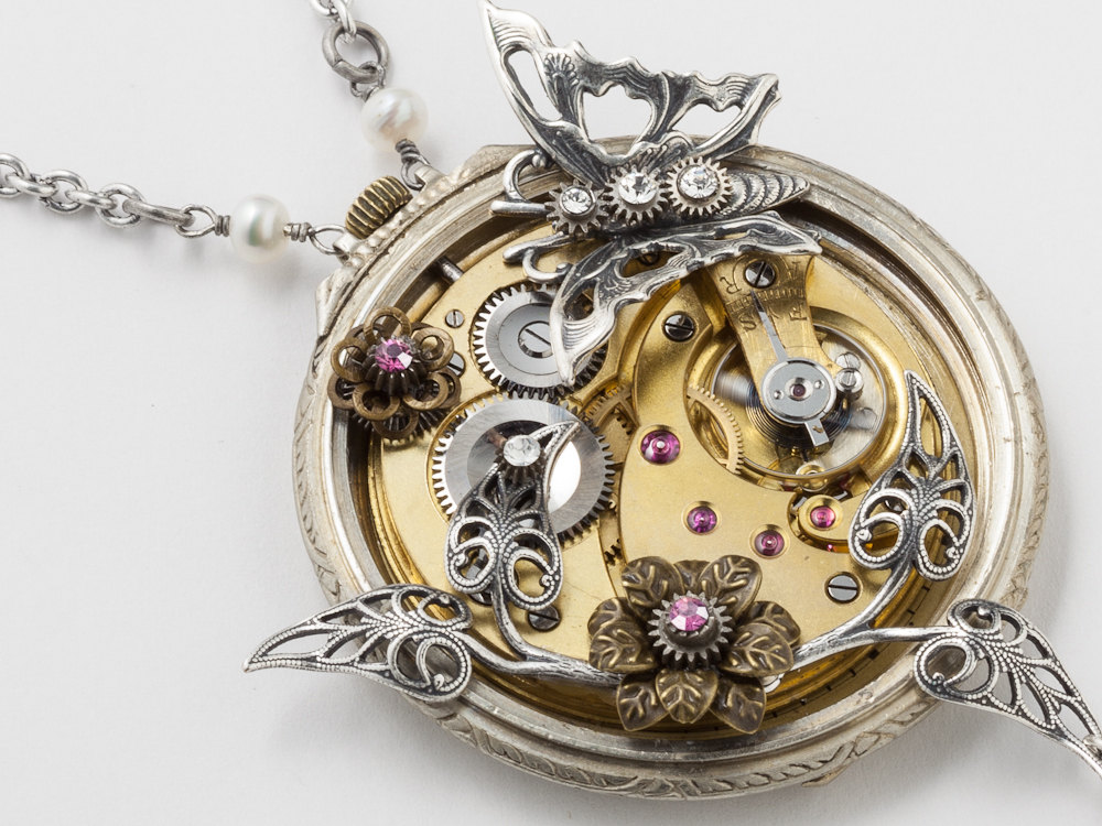 Steampunk Necklace Running watch movement gears 14k Gold Filled Victorian silver filigree flower leaf butterfly pearl purple crystal