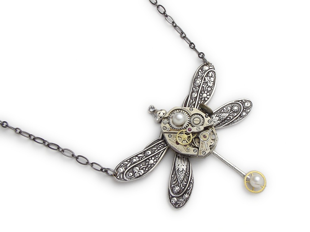 Steampunk Necklace silver 17 ruby jewel watch movement gears antique 1940 floral motif dragonfly with genuine pearls and Swarovski crystal vintage pendant