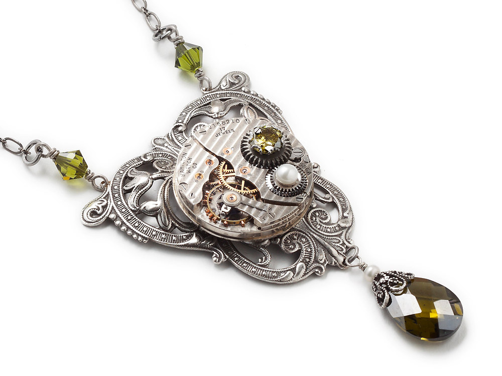 Steampunk Necklace silver antique pinstripe Hamilton watch gears green olivine Swarovki crystal pearl