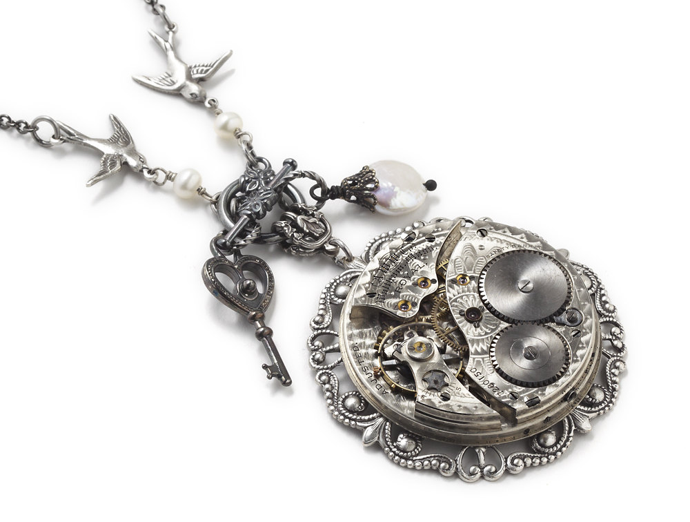 Steampunk Necklace silver antique pocket watch gears bird flower skeleton key white pearl filigree