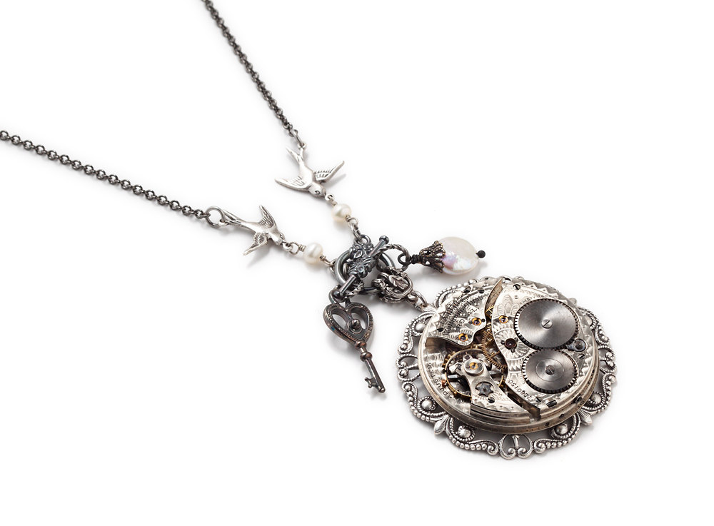 Steampunk Necklace silver antique pocket watch gears bird flower skeleton key white pearl filigree