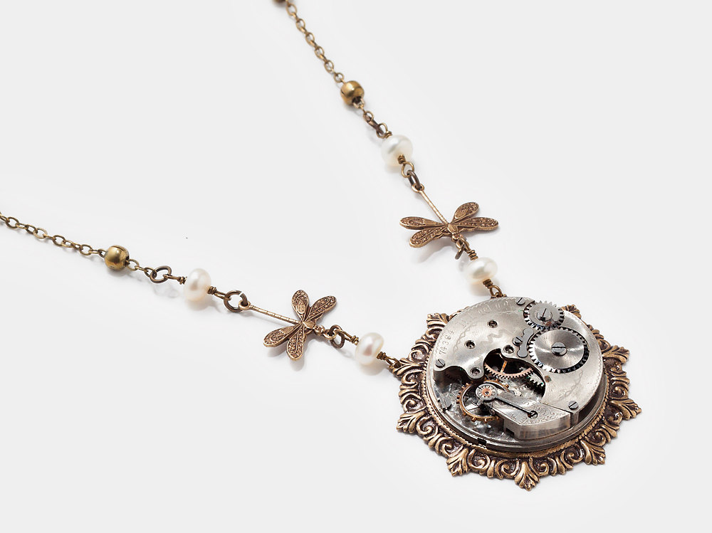 Steampunk Necklace silver antique pocket watch movement gears pearl gold dragonfly Steampunk jewelry
