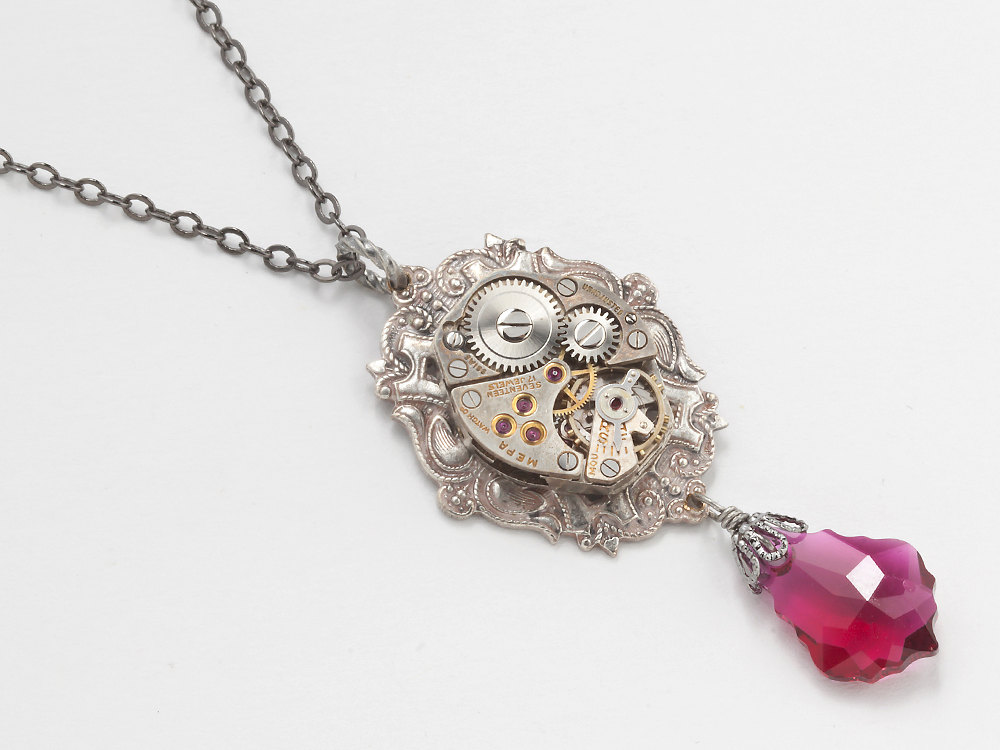 Steampunk Necklace silver antique watch movement ruby red Swarovski crystal pendant jewelry