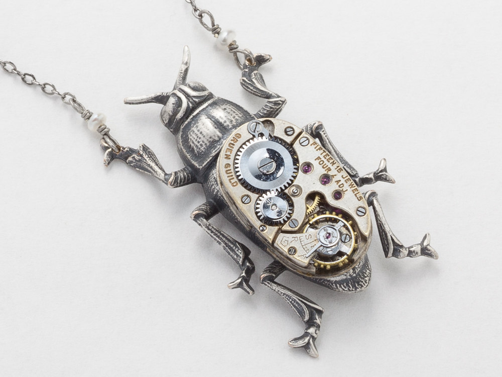 Steampunk Necklace silver beetle bug watch movement gears pearl pendant necklace unisex men womens Statement Steampunk Jewelry