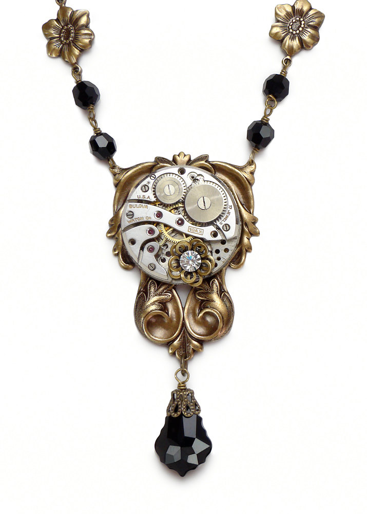Steampunk Necklace silver Bulova wristwatch antique 1930 faceted black crystal beads Swarovski briolette filigree leaf and flower motif