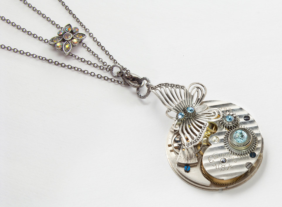 Steampunk Necklace silver butterfly pocket watch movement gears blue Swarovski crystal slide chain