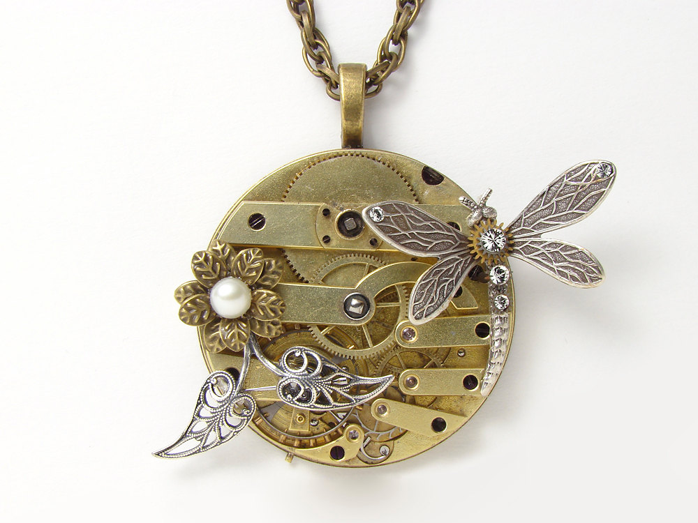 Steampunk Necklace silver dragonfly gold antique Victorian key watch movement gears crystal pearl brass flower leaf