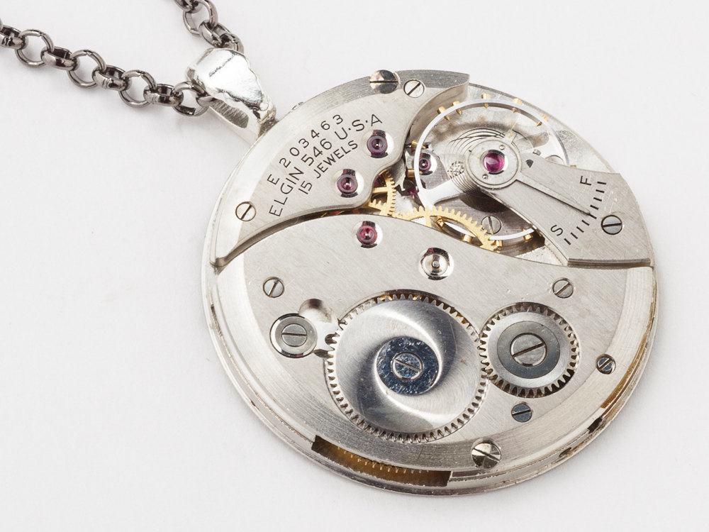 Steampunk Necklace silver Elgin pocket watch movement gears unisex pendant men jewelry Statement Necklace