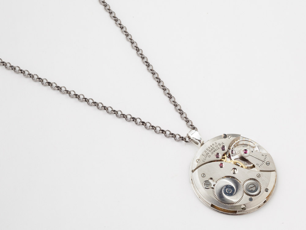 Steampunk Necklace silver Elgin pocket watch movement gears unisex pendant men jewelry Statement Necklace