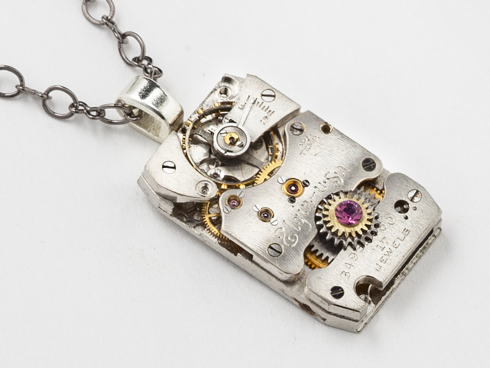 Steampunk Necklace silver Elgin watch movement purple amethyst crystal mens pendant unisex Steampunk jewelry