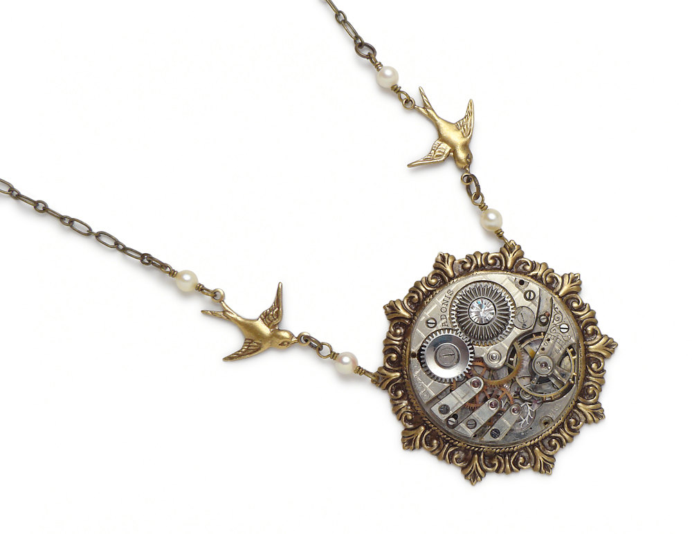 Steampunk Necklace silver engraved antique pocket watch genuine pearl gold bird crystal stone