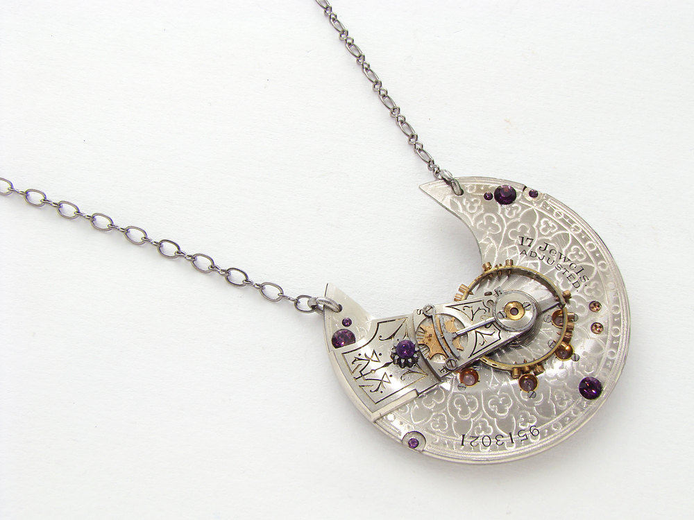 Steampunk necklace silver engraved pocket watch movement plate rose gold gears purple crystal pendant jewelry
