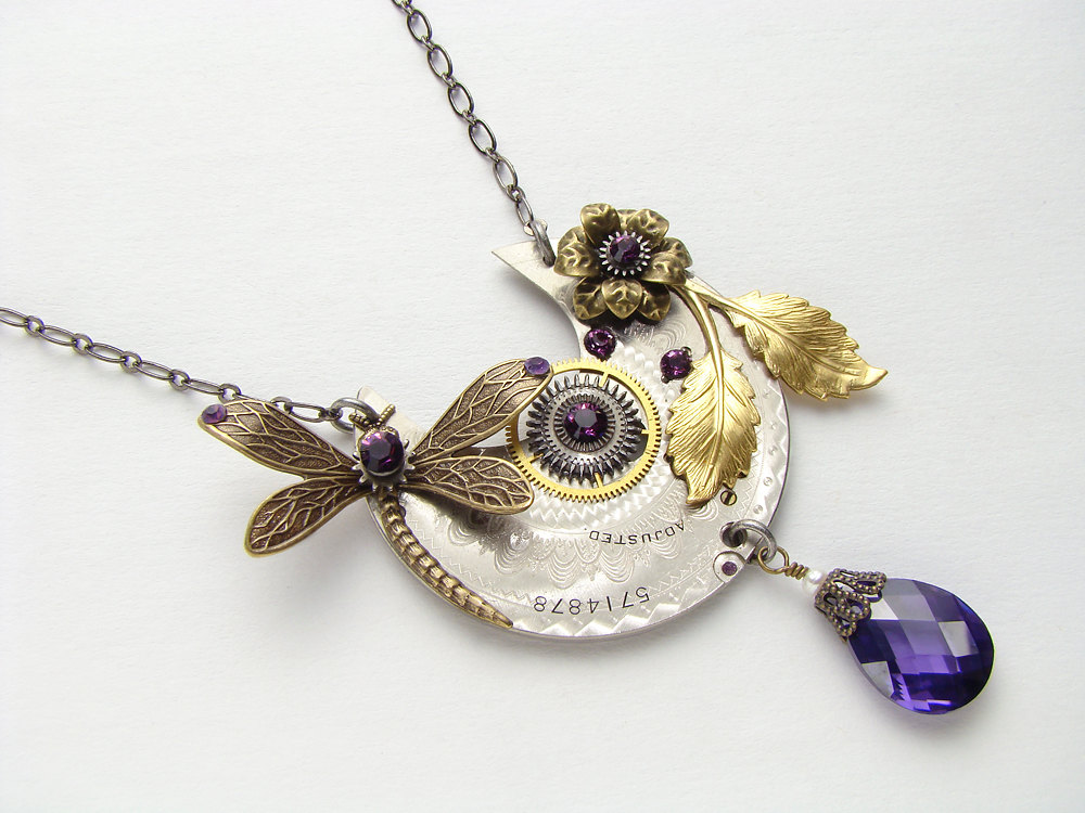 Steampunk Necklace silver engraved pocket watch plate gears amethyst purple crystal gold dragonfly flower leaf