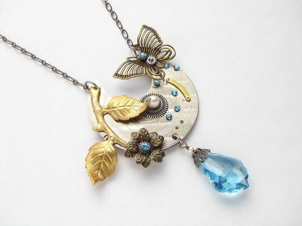 Steampunk Necklace silver engraved pocket watch plate gears pearls blue crystal gold Butterfly flower leaf