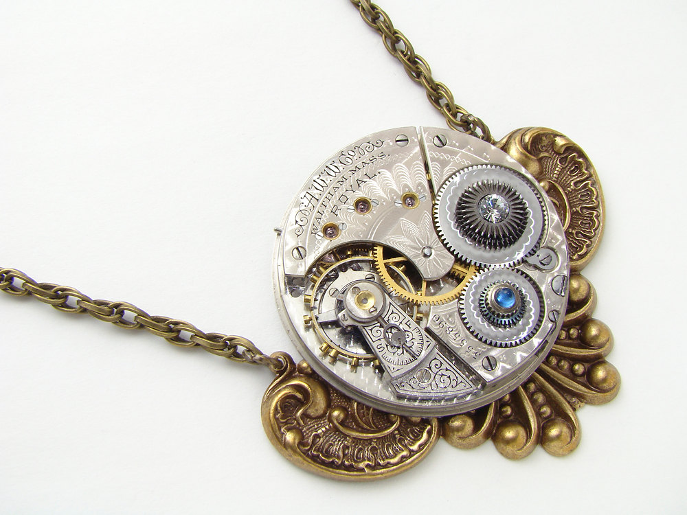 Steampunk Necklace silver engraved watch movement gears Swarovski crystal blue sapphire Victorian gold leaf