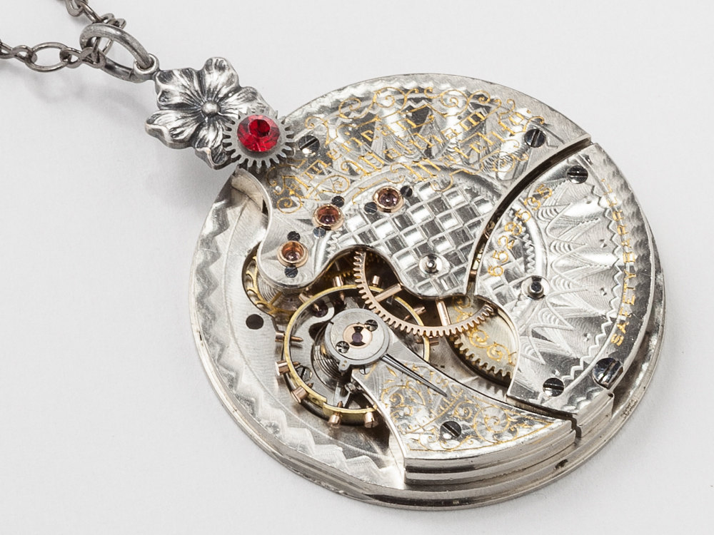 Steampunk Necklace silver gold watch movement gears flower red crystal pendant Steampunk jewelry