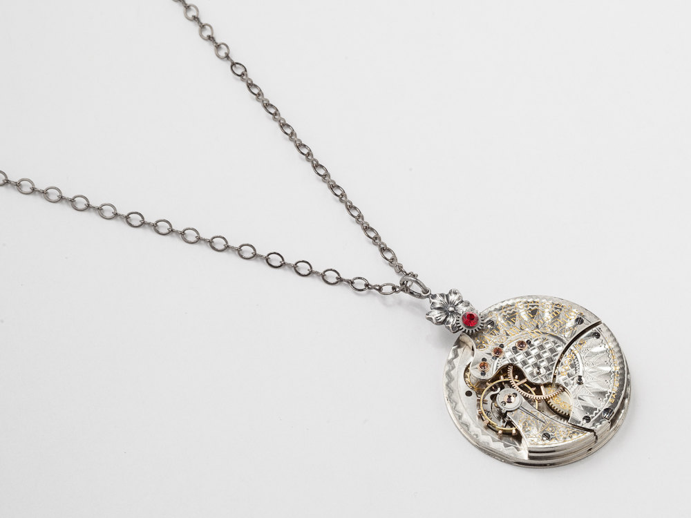 Steampunk Necklace silver gold watch movement gears flower red crystal pendant Steampunk jewelry