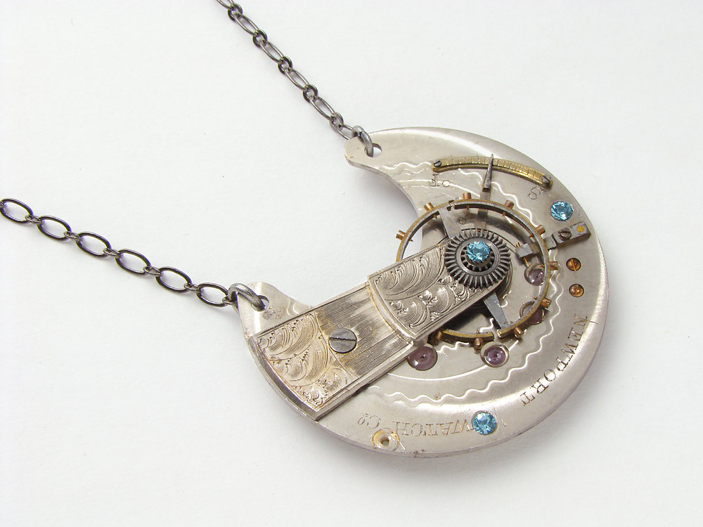 Steampunk necklace silver guilloche pocket watch movement plate gears leaf blue Swarovski crystal