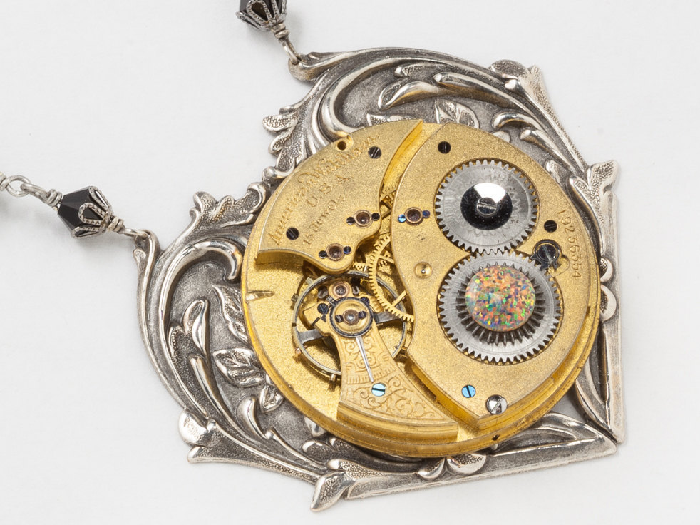 Steampunk Necklace Silver Heart Pendant with Waltham Gold Pocket Watch Movement Leaf Filigree Black Crystal Opal Set in Gears