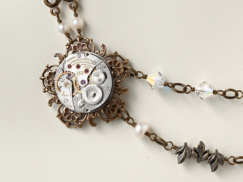 Steampunk Necklace silver Longines watch movement gold flower leaf pearl crystal Victorian wedding jewelry