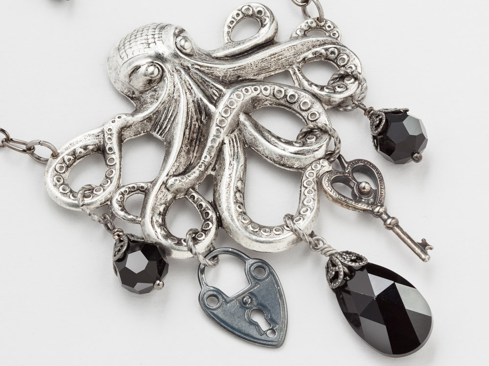 Steampunk necklace silver octopus pendant skeleton key heart padlock black jet crystal filigree