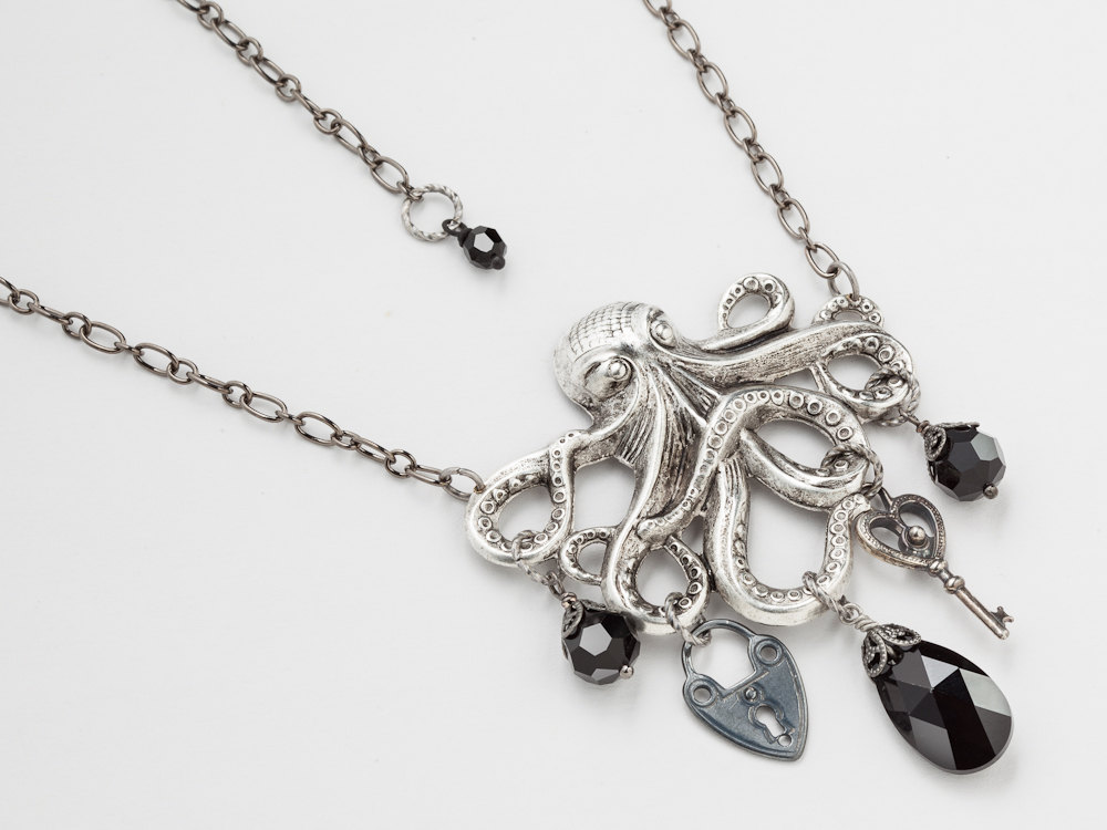 Steampunk necklace silver octopus pendant skeleton key heart padlock black jet crystal filigree