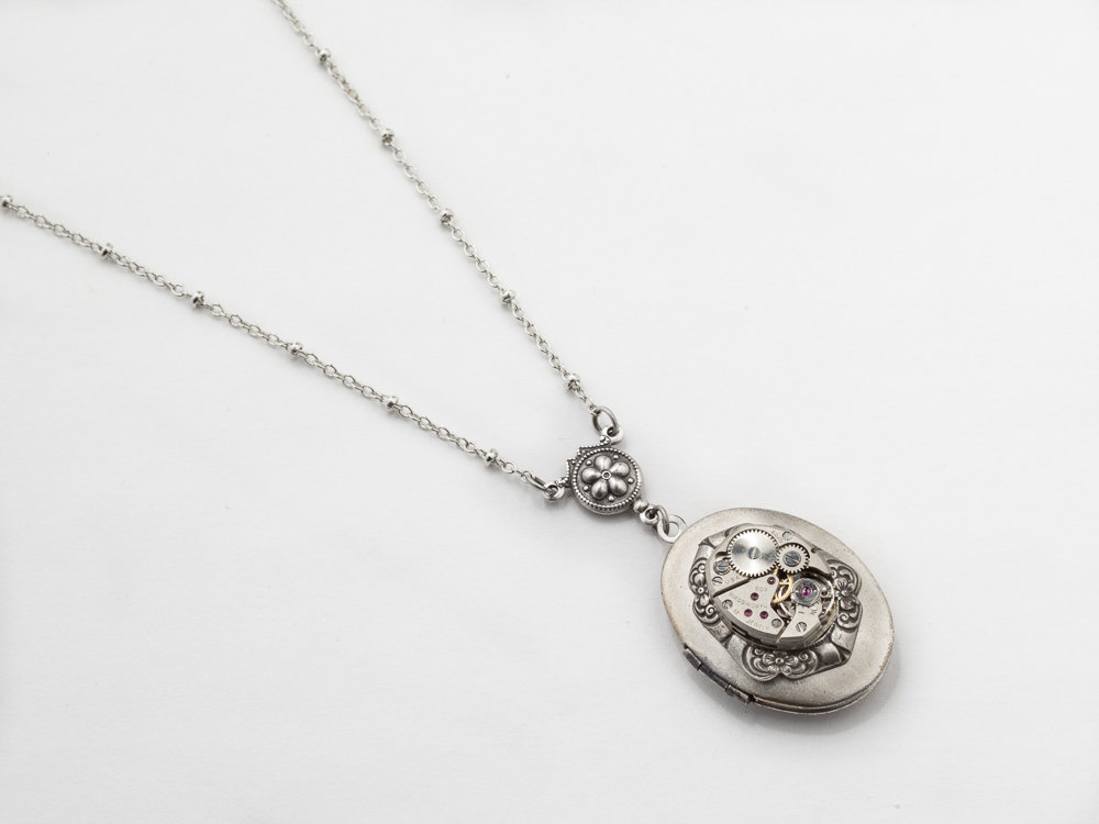 Steampunk Necklace Silver Oval Locket watch movement gears flower leaf motif Statement Necklace Steampunk jewelry
