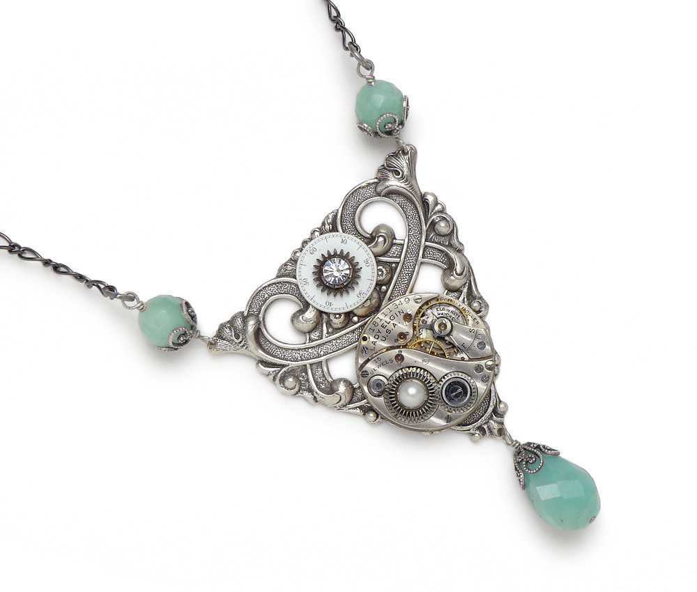 Steampunk Necklace silver pinstripe pocket watch gears antique 1900 aquamarine blue Amazonite pearl