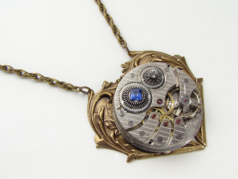 Steampunk Necklace silver pinstripe pocket watch gold gears Blue Iolite Victorian heart crystal leaf