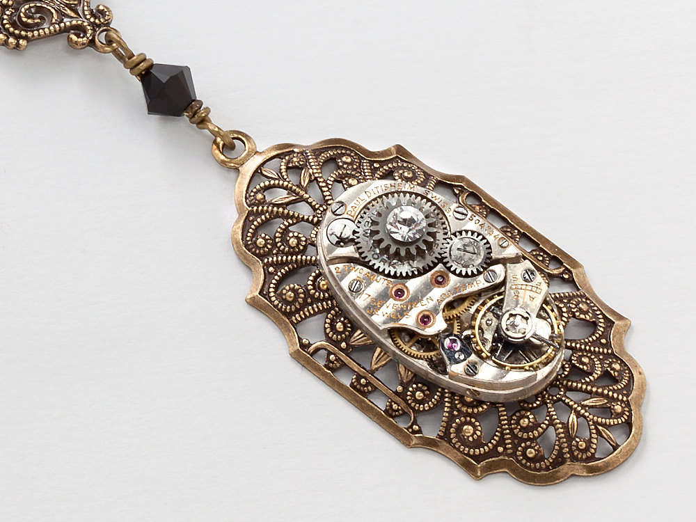Steampunk necklace silver pinstripe watch movement gold filigree leaf black crystal jewelry