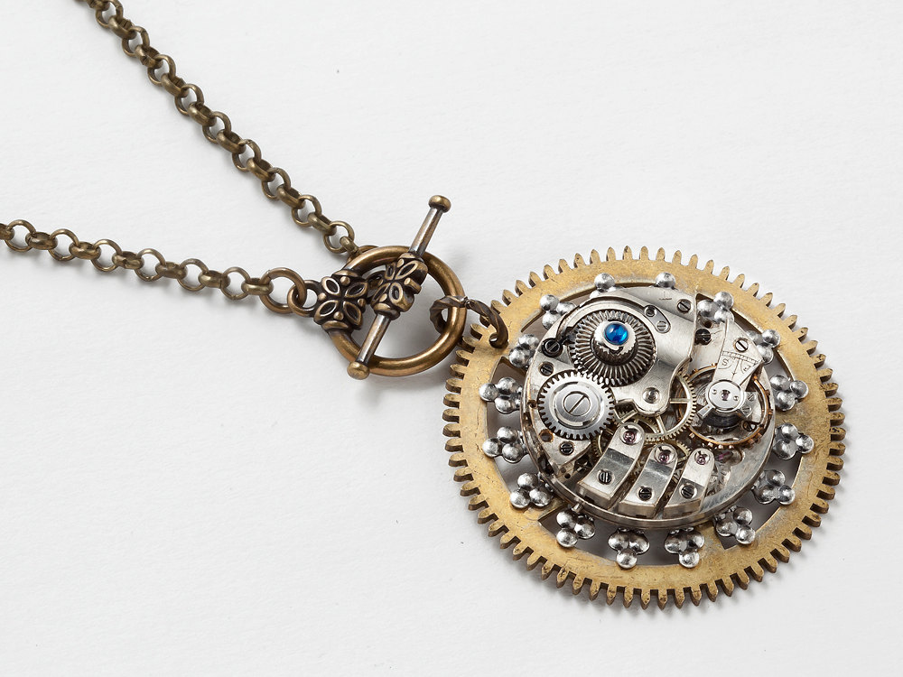 Steampunk Necklace silver pocket watch movement brass clockwork gears blue sapphire filigree