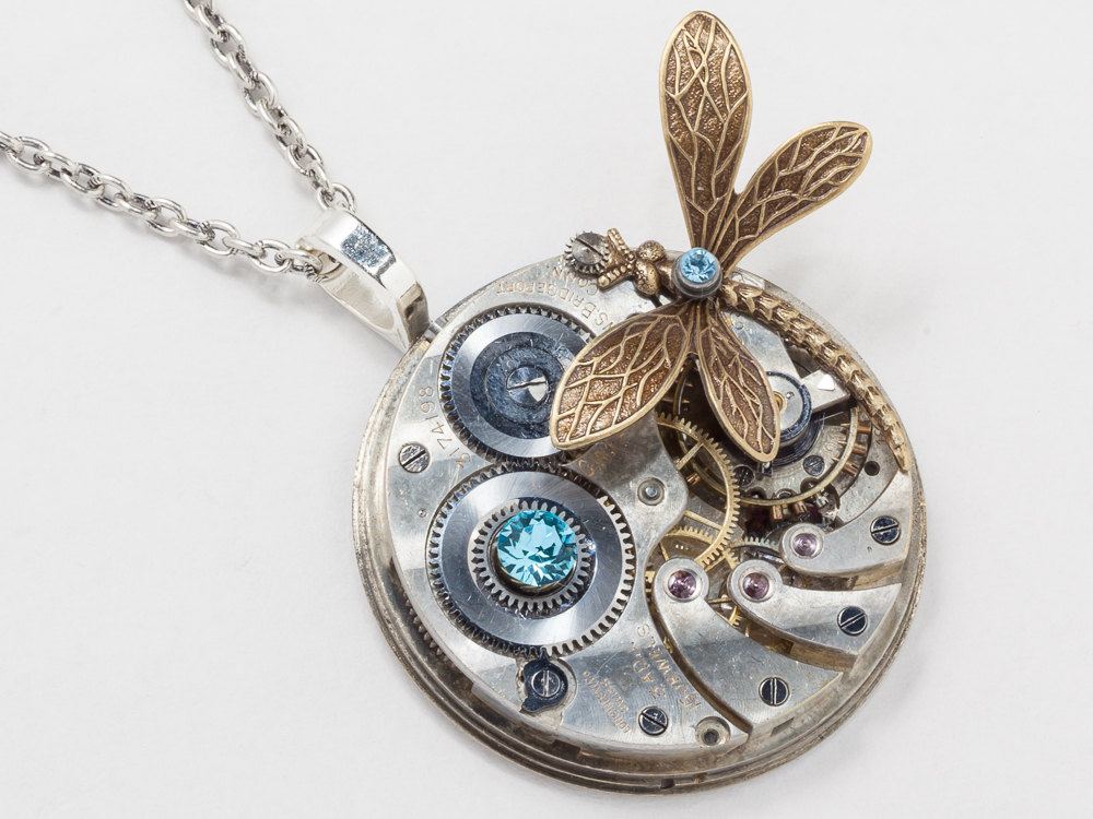 Steampunk Necklace silver pocket watch movement gear gold dragonfly blue topaz crystal pendant Statement Steampunk jewelry