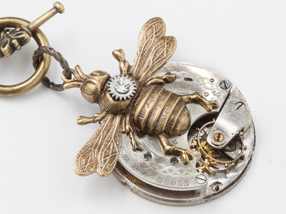 Steampunk Necklace silver pocket watch movement gears gold bumble bee crystal pendant jewelry