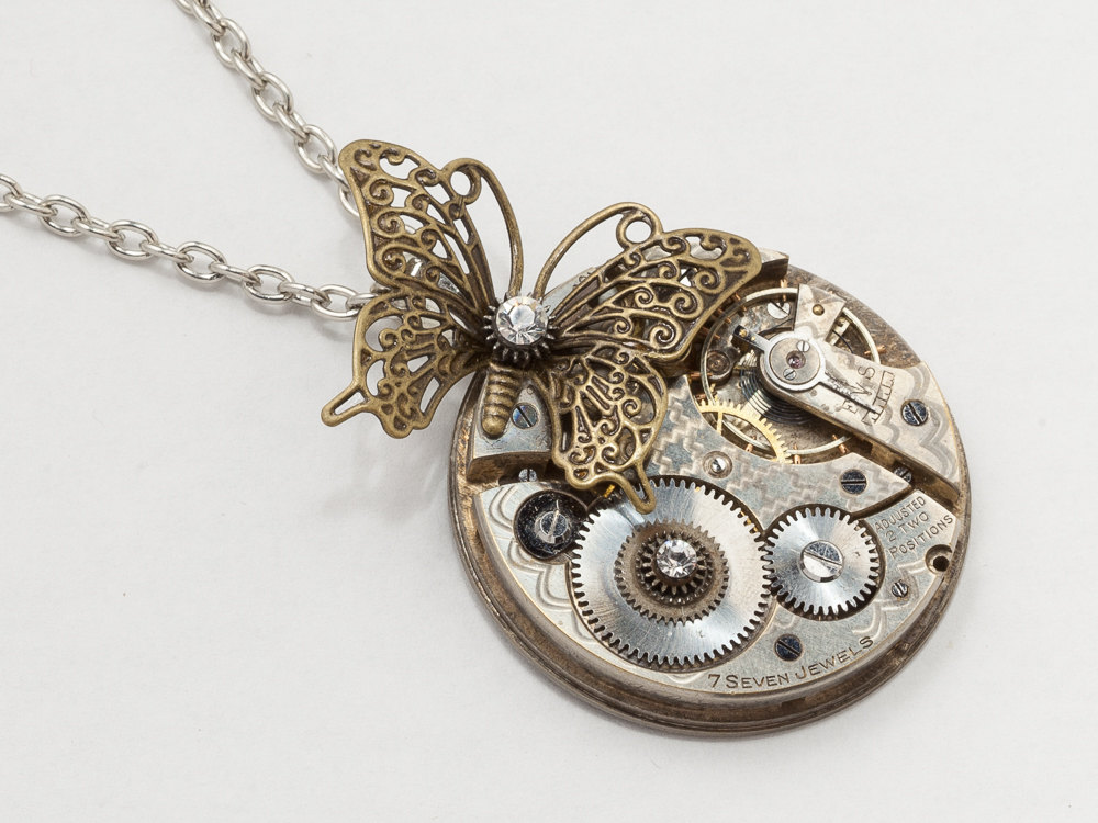 Steampunk Necklace silver pocket watch movement gears gold filigree butterfly with Swarovski crystal pendant Statement Neckalce